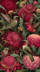 Fototapeta premium Hummingbirds amidst vibrant crimson blossoms creating a surreal garden scene artwork