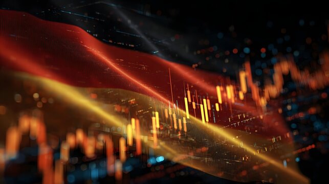 Digital abstract representation overlays a flowing national flag with financial market charts