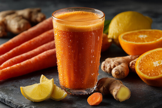 Fresh cold-pressed carrot orange ginger juice with lemon wedges in a frosty glass, vibrant immune-boosting smoothie for healthy mornings - Powered by Adobe