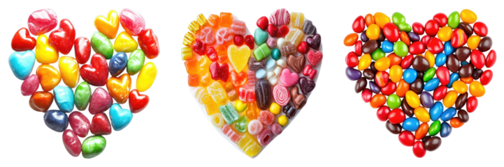 Three colorful heart-shaped candies. Various candies of different shapes, sizes, and colors create an appealing sight