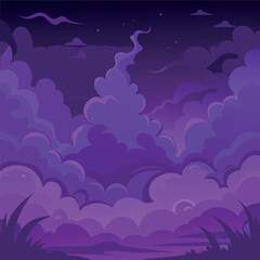 Mystical night landscape with glowing purple clouds, dark silhouettes of trees, and a dreamy fantasy sky — vector illustration, flat style, soft gradient