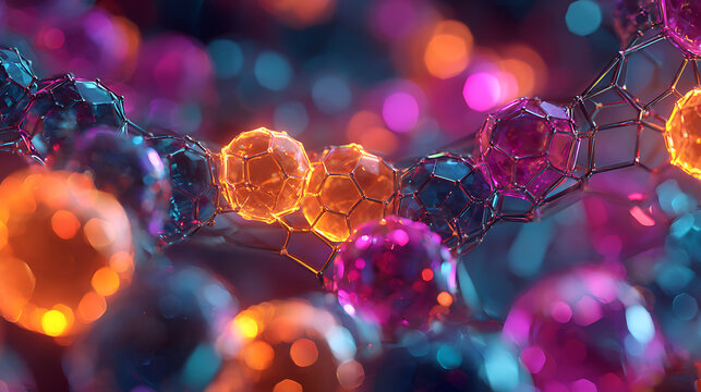 Vibrant molecular structure with glowing orbs, abstract science and technology background, dynamic cellular network visualization