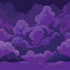 Mystical night landscape with glowing purple clouds, dark silhouettes of trees, and a dreamy fantasy sky — vector illustration, flat style, soft gradient