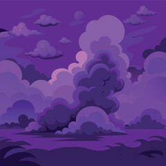 Mystical night landscape with glowing purple clouds, dark silhouettes of trees, and a dreamy fantasy sky — vector illustration, flat style, soft gradient