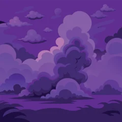 Selbstklebende Fototapeten Violett Mystical night landscape with glowing purple clouds, dark silhouettes of trees, and a dreamy fantasy sky — vector illustration, flat style, soft gradient  © jasmin