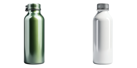 Two sleek bottles side by side, one in green and the other in white, against a plain background. These bottles are perfect for staying hydrated in style