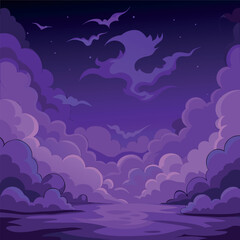 Mystical night landscape with glowing purple clouds, dark silhouettes of trees, and a dreamy fantasy sky — vector illustration, flat style, soft gradient