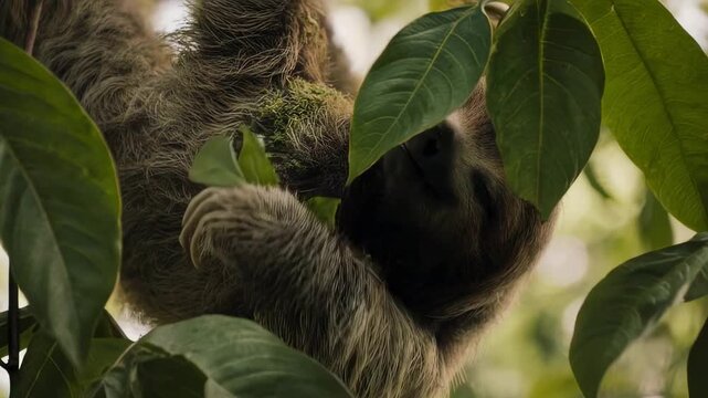 A sloth nestled amongst vibrant green leaves, eating leaves