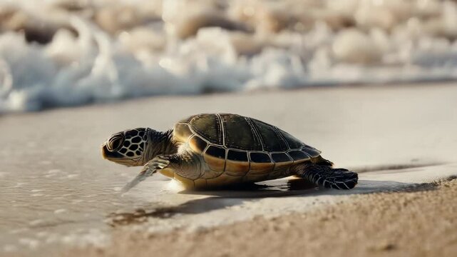 A baby sea turtle making its way toward the ocean