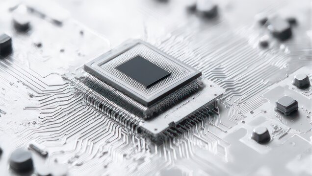 Close-up of a modern computer processor chip on a circuit board.