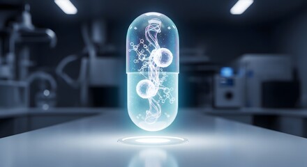 Closeup of a glowing capsule with cells inside in a laboratory