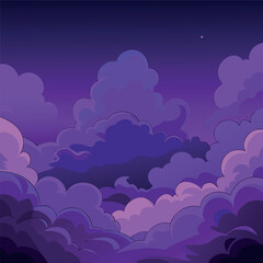 Mystical night landscape with glowing purple clouds, dark silhouettes of trees, and a dreamy fantasy sky — vector illustration, flat style, soft gradient