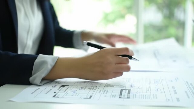 A professional in business-casual attire meticulously annotates a detailed project plan on a modern desk, captured with soft natural light & shallow depth of field, showcasing precision. Concept of