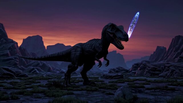 A dramatic video featuring a dinosaur in a prehistoric landscape, with a meteor in the sky, captured from a low-angle camera angle.