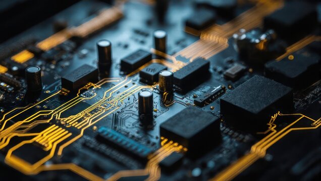 Close-up of a complex electronic circuit board with glowing golden pathways and black components. - Powered by Adobe