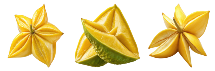 Three starfruits in different arrangements, showing their unique shape and vibrant yellow color