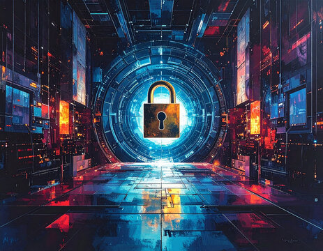 Digital security symbol representing encrypted data protection in a vibrant abstract setting