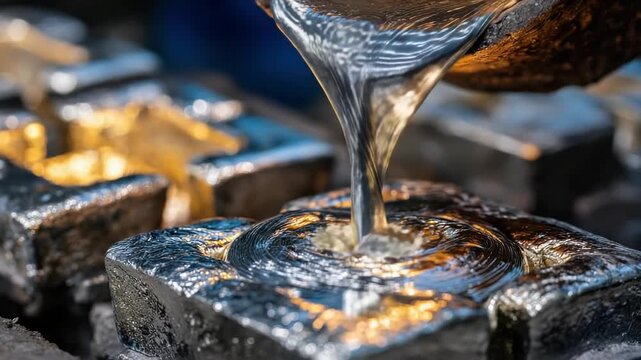 Molten Silver Pouring into Molds for Ingot Production in Warm Industrial Lighting with Reflective Surfaces