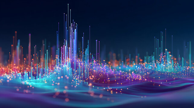 Dynamic abstract data visualization with vibrant glowing lines and particles, representing futuristic technology and information flow