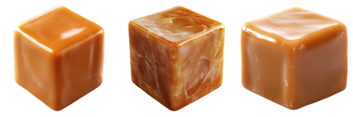 Three appetizing caramel candies presented in a row, each exhibiting unique textures and tones, creating a tempting visual