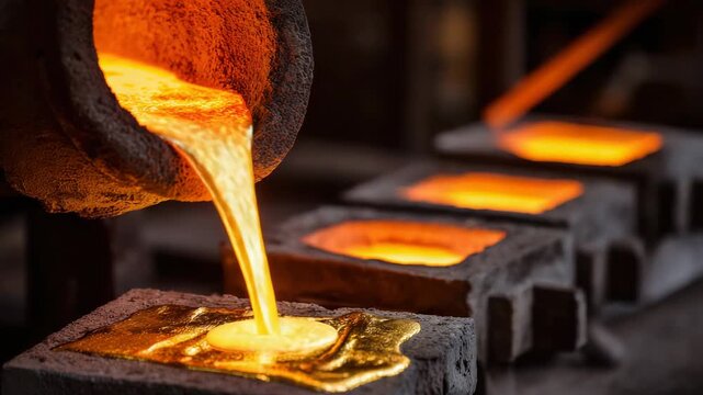 Molten Metal Pouring From Crucible Into Molds Casting Process Industrial Production Shiny Liquid Gold Glowing Fiery Orange Heat Extreme Temperature Manufacturing Factory