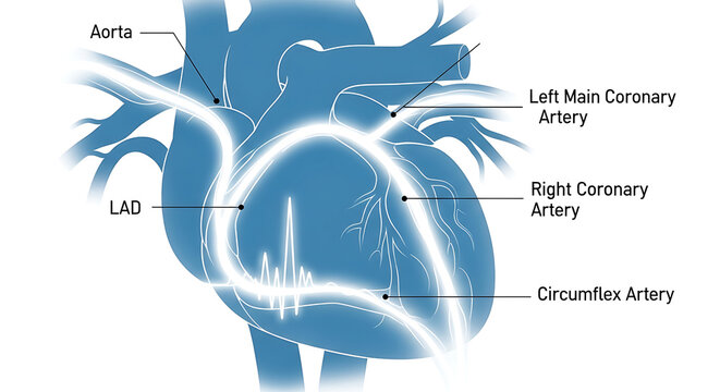 Human heart showing coronary arteries and blood flow, with labeled anatomy and a heartbeat tracing, illustrating cardiovascular health.