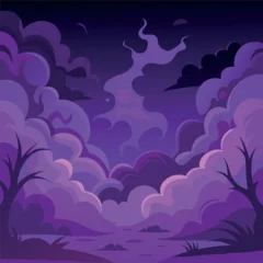 Selbstklebende Fototapeten Violett Mystical night landscape with glowing purple clouds, dark silhouettes of trees, and a dreamy fantasy sky — vector illustration, flat style, soft gradient  © jasmin