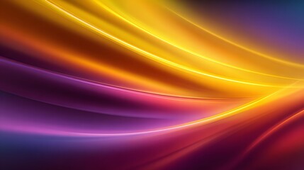 Vibrant flowing bands of yellow, orange, and purple light create an abstract background design.