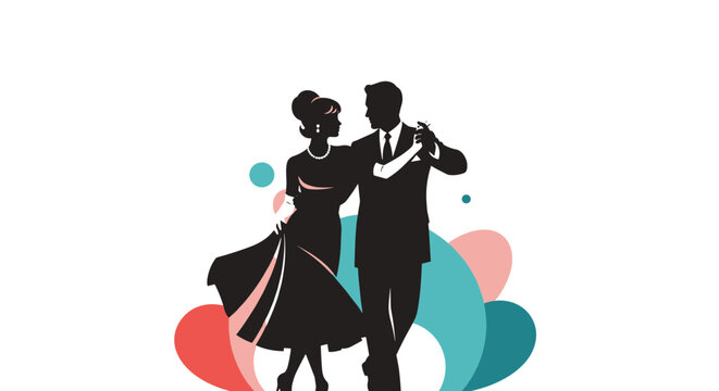 Elegant couple dancing gracefully in a vibrant artistic display with colorful abstract shapes.