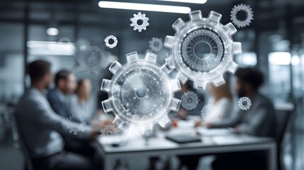 Holographic mechanical components overlay a scene of a business meeting in a modern office setting