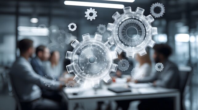 Holographic mechanical components overlay a scene of a business meeting in a modern office setting