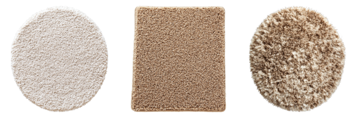 A set of three carpet samples with diverse shapes and textures. It presents the variety available in flooring