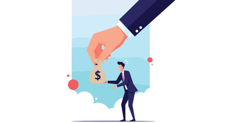A large hand is giving a small bag of money to a small businessman standing below.