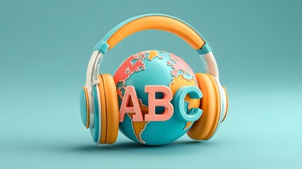 Three dimensional rendering depicts global language learning through audio devices