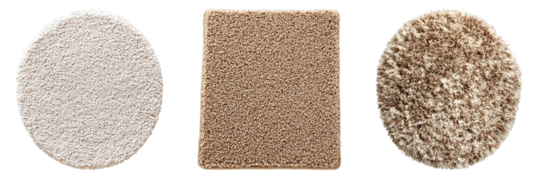 A set of three carpet samples with diverse shapes and textures. It presents the variety available in flooring