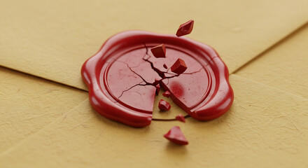 Cracked red wax seal sits on a tan envelope, symbolizing broken trust and failed communication in a vintage style, creating a somber and nostalgic mood.