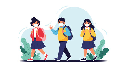 Fototapeta premium Children wearing face masks and carrying backpacks walk along a path.