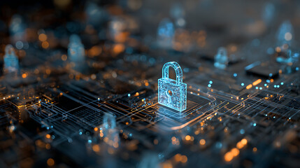 Secure your digital world with this glowing holographic padlock symbol on a futuristic circuit board, representing cybersecurity and data protection.