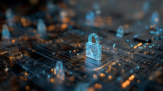 Secure your digital world with this glowing holographic padlock symbol on a futuristic circuit board, representing cybersecurity and data protection. - Powered by Adobe