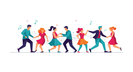 Diverse couples enjoy lively dancing with musical notes in the background.