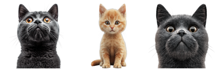Three adorable cats staring intensely at the camera, showcasing distinct expressions and fur colors. The center cat is an orange kitten, while the flanking cats are grey