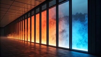 Hallway with vibrant, smoky light panels transitioning colors