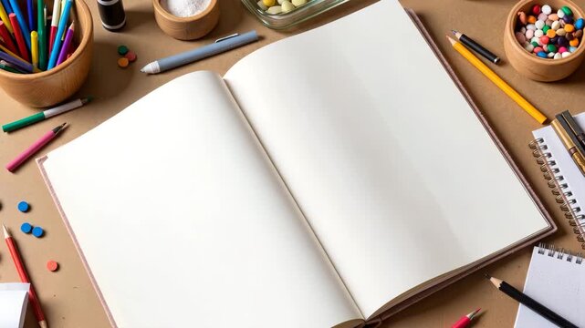 Flipping through a notebook with blank pages surrounded by watercolor pencils and stationery on a light wooden table