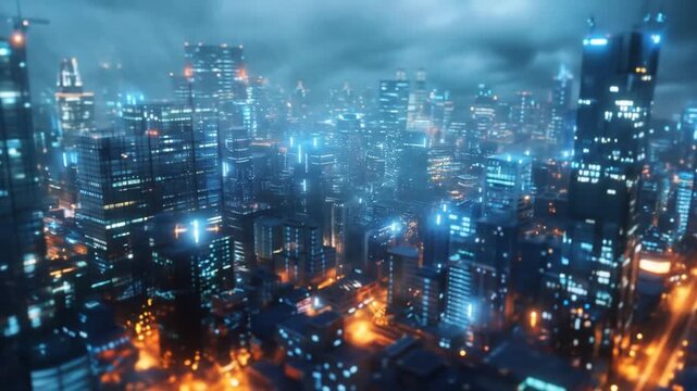 Stunning futuristic city skyline at night, illuminated with glowing blue and orange lights, high-tech urban metropolis landscape - Powered by Adobe
