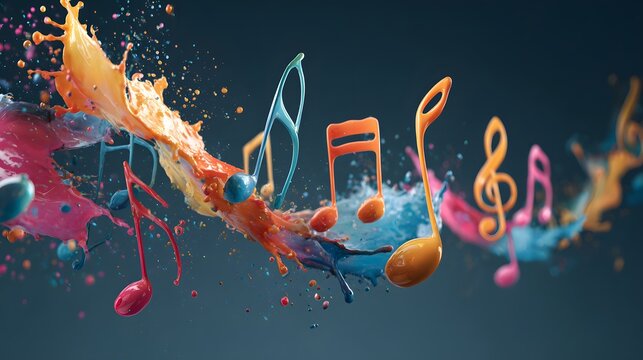 Vibrant musical notations emerge from dynamic, colorful paint splashes against a dark background