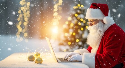Santa Claus working on laptop in snowy outdoor setting with lights  