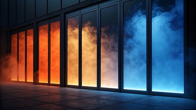 Server room doors with colorful smoke effects, modern technology