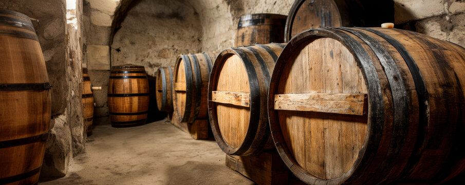 Rustic wooden casks stored in a vineyard cellar for aging fine wine