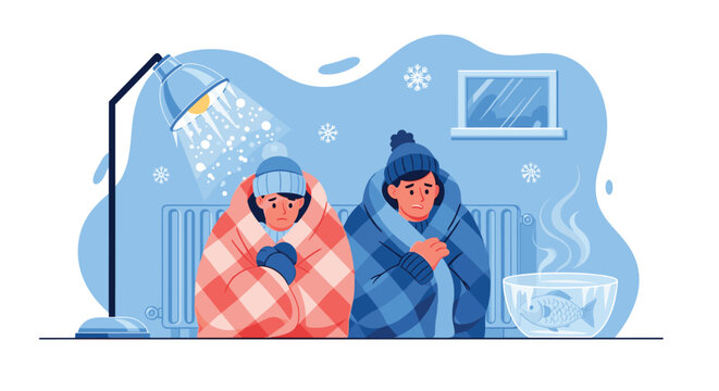 Two people huddled together wrapped in blankets under a heating lamp while snow falls outside.