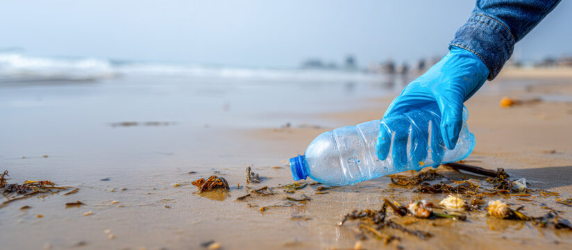 Volunteer collects plastic bottle from sandy beach during environmental cleanup effort